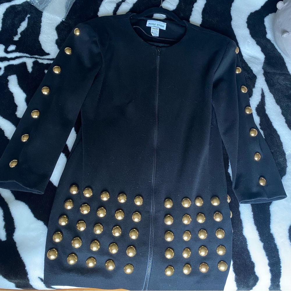 Vintage 80s rare Nicole Studio Black Zip Gold Studded Jacket 3/4 Sleeve 10